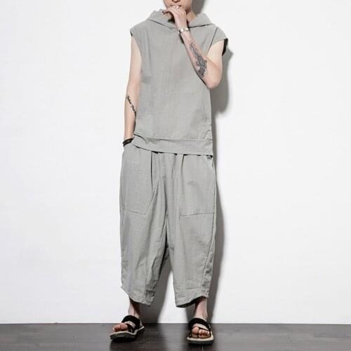 5XL Summer Men Yoga Set Linen Loose Sleeveless Hoodie Sweatshirt Harem Pant Bloomers Running Jogger Casual Outfit Workout Set