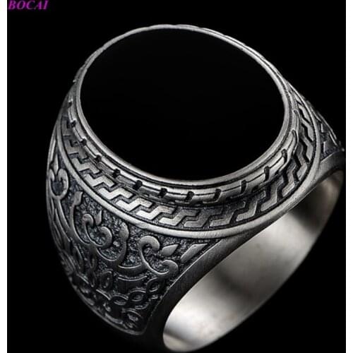 BOCAI Solide 925 pure silver rings Natural Black Agate Ring for mens trendy retro personality domineering Thai silver rings