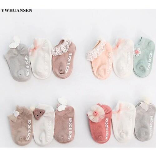3 Pairs/lot 0 to 24M Spring Summer Baby Socks Solid Color Infant Baby Floor Socks Soft Cotton Anti-slip Boat Socks For Girls