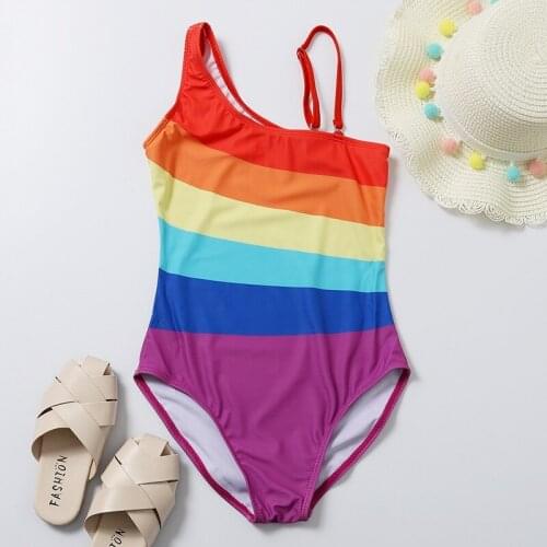 Newest Arrival Summer Kids Girl Colorful Monokini Swimsuits Kids Summer Rainbow Stripe Bathing Suits Outfits for 7-14Y