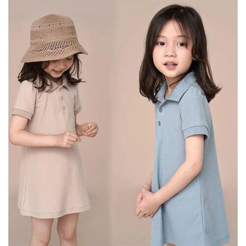 Trun Down Collar Short Sleeve Mini Dress For Girls Summer Casual T Shirt Short Dresses Kids Children Clothing 7 8 9 10 11 12 13