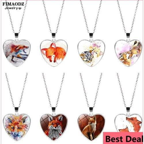 FIMAODZ Cute Fox Necklace for Women Red Fox Baby Cartoon Animal Photo Glass Heart Pendant Necklaces Statement Fashion Jewelry