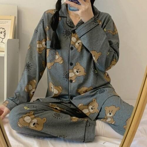 Womens Cute Cartoon Pajamas Set Turn-down Collar Pyjamas Long Sleeves Suit Soft Female Sleepwear Autumn Homewear Home Services