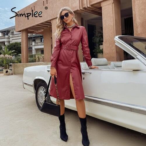 Simplee Vintage buttons split solid pu leather dress women Elegant long sleeve straight dresses Female office knee length dress