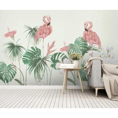Custom mural wallpaper 3D Nordic hand-painted floral tropical rainforest plant flamingo background wall decorative painting