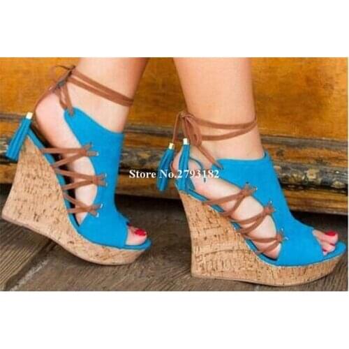 Summer New Fashion Women Peep Toe Suede Leather High Platform Wedge Sandals Blue Orange Lace-up Cut-out Height increased Sandals