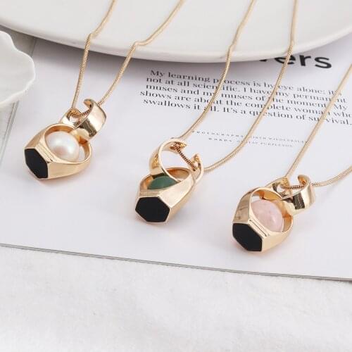 Hexagon Enamel Round Stone Necklace White Green Pink Pendant Shape Charms Collar Gold Fashion Jewelry Gift For Women