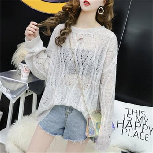 Spring and Autumn Hollow Knitted Blouse Womens Lazy Wind Loose Korean Version Of The New All-Match Blouse Sunscreen Shirt H613