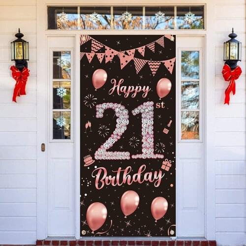 21st Birthday Party Banner Decorations 21st Birthday Party Door Cover Backdrop, Rose Gold Happy 21Year Old Birthday Poster Decor