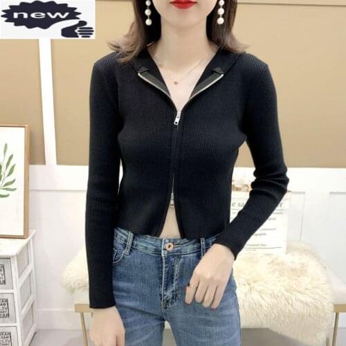 Women Sexy Short Sweater New Zipper Cropped Top Hoody Knitted Cardigan Long Sleeve Stretchy Autumn Ladies Knitwear Outwear Coats
