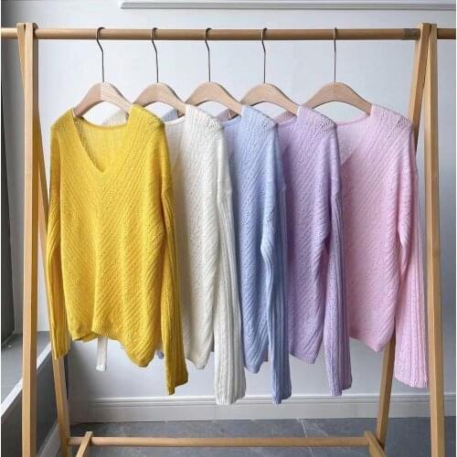 2021 Autumn Winter Womens Long Sleeve Cashmere Pullover Jacquard V-Neck Sweater Runway Solid Pullover