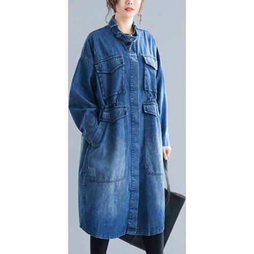 2021 New Patchwork Metal Buckle Denim Coat For Female Stand Collar Long Sleeve Oversized Patchwork Pocket Womens Casual Coat