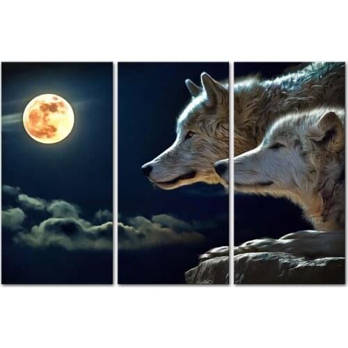 3 Pieces Modern Canvas Painting Wall Art The Picture For Home Decoration Wolf In White And Golden Fur At Full Moon Night Animal