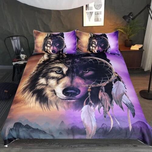 3D Purple Wolf Quilt Cover with 2 Pillowcase Fashion Three Piece Bedding Set 3D Printing Available Size Bed Duvet Cover