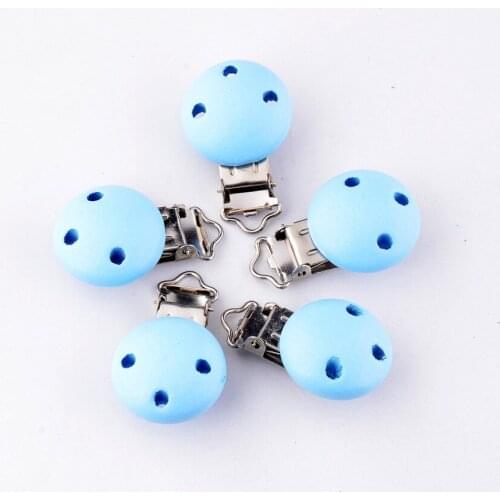 5PCs Baby Pacifier Clips Blue Pattern Wood Metal Holders Cute Infant Soother Clasps Accessories 4.4x2.9cm