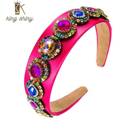 King Shiny Vintage Baroque Round Crystal Headband Elegant Multi Color Sparkly Rhinestone Beaded Hairband Girls Party Tiara Bezel