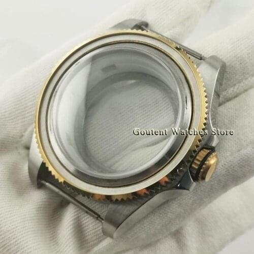 43mm Sapphire Glass Watch Case Gold plated Bezel Fit ETA2836 DG2813 3804 Miyota 8215 821A 8205 8200,NH35 NH36 NH35A Movement