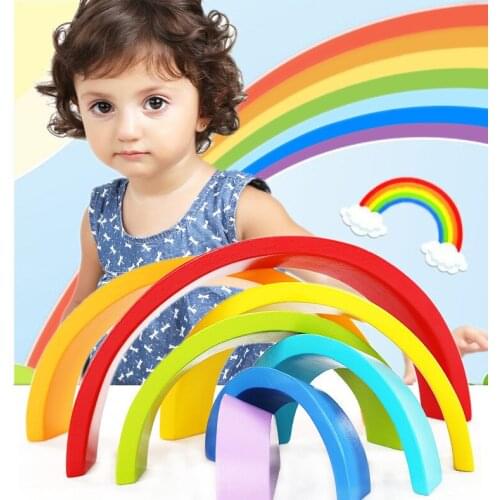 7Pcs/Set Children Wooden Rainbow Blocks Creative Wooden Building Stacking Puzzle Montessori Colorful Blocks Sort Educational Toy