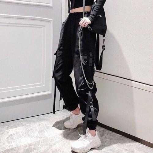 Womens Cargo Pants Buckle Ribbon Pocket Jogger Elastic Waist High Streetwear Harajuku Pant Punk Chain Females Trousers