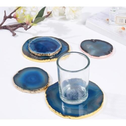 Round Shape Slice Electroplated Gold Edge Gems Craft Pad Agate Natural Stone Crystal Coaster Cup Beverage Holder Mat Home Decor
