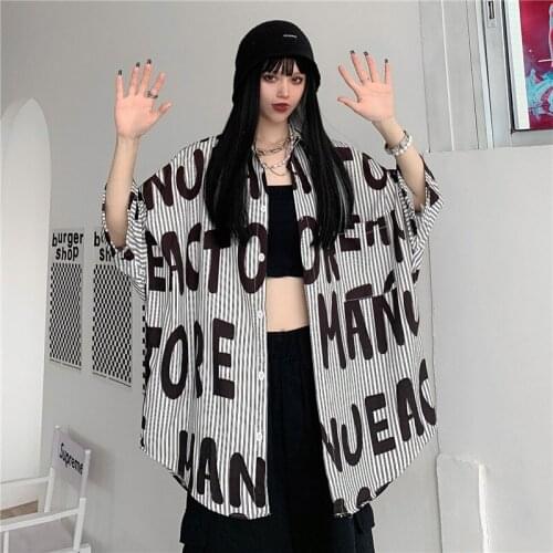 Summer Woman Raglan Sleeve Letter Print Street Shirts Stripe Harajuku Lady Loose Casual Shirt Korean Fashion Cloth Unisex Top