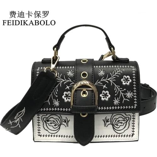 2021 Fashion Women Bag Young Girl Small Square Pack Shoulder Bag Vintage Flower Girls Bags Black PU Leather Women Messenger Bags