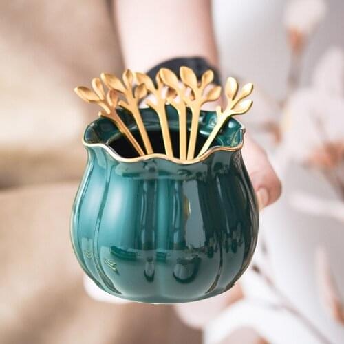 Cute Nordic Ceramic Fruit Cake Fork Spoon Storage Containers Jar Stainless Steel Kitchen Items Accessories Lotus Leaf Phnom Penh