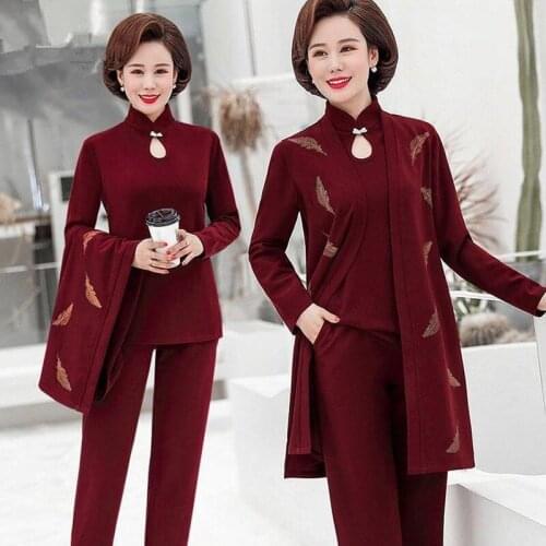 Fashion Middle-aged Women Set 2021 Spring Autumn Tops+Printed Jacket+Casual Pants Suit Three Pieces Sets Womens Outfits X546