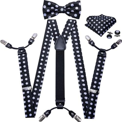 Black White Bow Tie Suspenders For Men Set Polka Dot Trousers Strap Silk Bowtie Braces Men Suspenders 6 Clip Barry.Wang BB-2003
