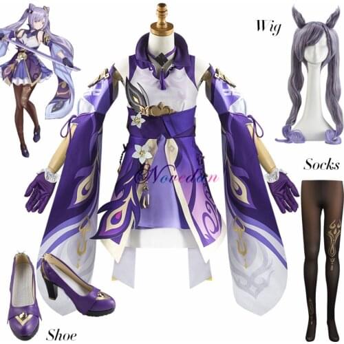 New Game Genshin Impact Keqing Cosplay Costume Purple Uniform Elegant Dress Wig Canival Halloween Party Outfit For Women