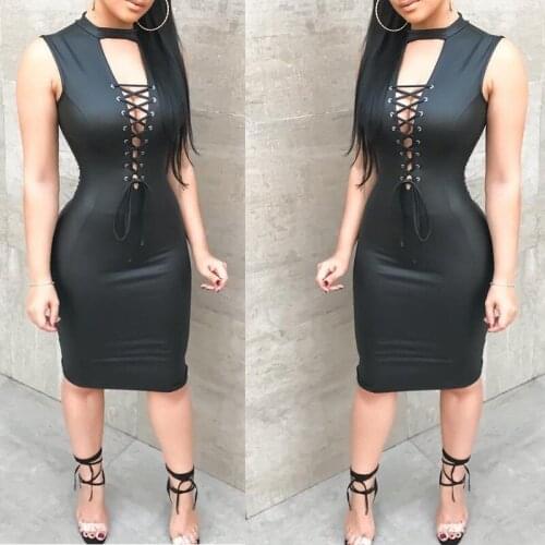 Women PU Sexy Dress Autumn Sleeveless Bodycon Dress Women Vestidos Spaghetti Strap Elegant Lady Party Dresses