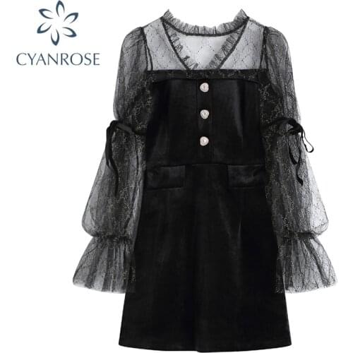 Dresses for women Black Dress Lace Sexy Vintage Dress Women Elegant Casual Long Sleeve Mini Dress Party Club Plus Size vestidos