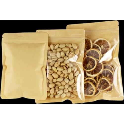 Flat Bottom One Side Clear One Side Kraft Paper Zip Lock Bag Plastic Window Resealable Snack Capsule Coffee Spices Gifts Pouches