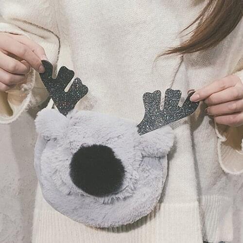 Christmas Plush Messenger Bag Women Fur Red Nose Reindeer Shoulder Small Crossbody Bags Purse Girls Cute Elk Sling Bag