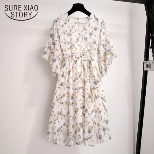 2021 Summer Chiffon Dress Short Butterfly Sleeve V-neck Floral Knee-length Vestidos Casual Elegant Party Women Dress 8902 50