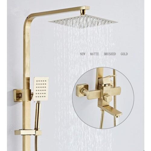 Bath and Shower Mixers 8" Rainfall Shower Faucet Set Wall Mounted with Hand Shower Brass Brushed Gold Bathroom Rain Shower Tap