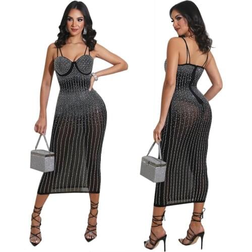 Sexy Lady Mesh See Though Hot Rhinestones Plunging V-Neck Midi Bodycon Dress For Women Club Party Pencil Vestidos Robe