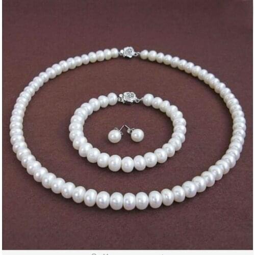 Wedding Woman Jewelry Set White Pearl 9-10mm AAA Natural Freshwater Pearl Necklace Bracelet Earring Rose Flower Clasp Free Box