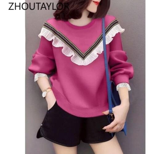 ZHOUTAYLOR Sweatshirt Women Office Lady Fashion Pullovers Femme Full Sleeve Solid O-Neck Loose Autumn New Tops Female S0704