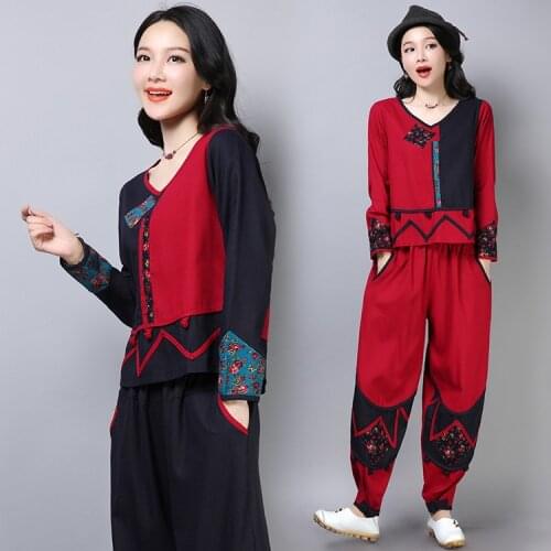 Summer National style sets Chinese style womens sets womens Cotton and linen Pants suits Tops+ loose Pants bloomers two-piece