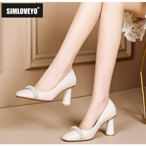 SIMLOVEYO Women New 2021 Pumps Square Toe 7.5cm Block Heels Genuine Leather Slip-On Pearl Elegent Classic Big Size 43 A3665