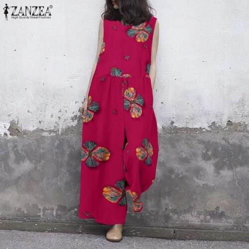 Casual Sleeveless Floral OL Rompers 2021 ZANZEA Women Summer Overalls Kaftan Printed Jumpsuits Female Pantalon Palazzo Oversized
