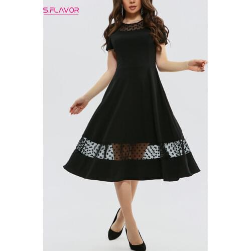 S.FLAVOR Women Black Short Sleeve Summer Dress Elegant Lace Patchwork Midi Vestidos De Fashion Women Daily A-line Dresses