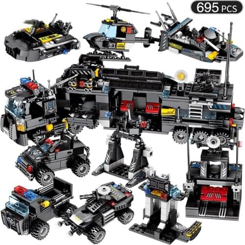 8in1 Military Swat Command Vehicle Building Blocks City Police Airplane Figures Weapon Trucks Bricks Toys For Kid Birthday Gifts