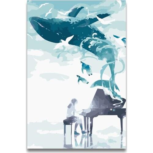 DIY Painting By Numbers Anime picture Girl playing music and Whale seagull enjoying music,drawing Coloring for girls