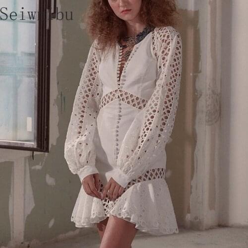 Hollow Out Elegant Womens Dress O Neck Long Sleeve High Waist Black Dresses Female Fashion New Clothing 2021 Style