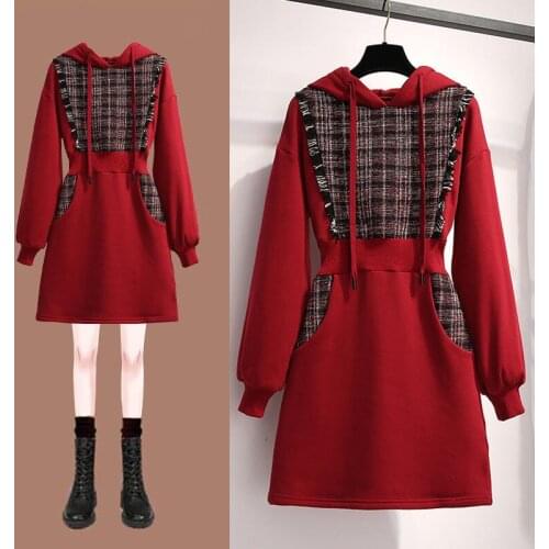 JUNSRM Plus Velvet Long-Sleeved 2020 Autumn and Winter New Stitching Mid-Length Hooded Sweater Dress
