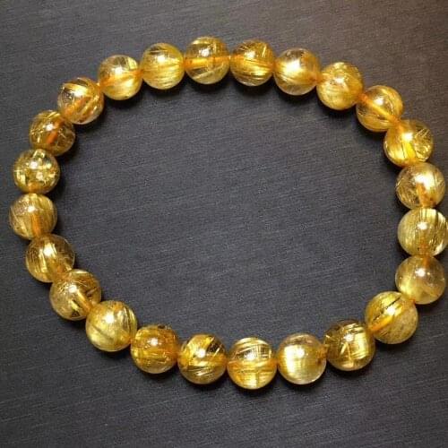 Natural Brazil Gold Rutilated Quartz Bracelet 8mm Crystal Gemstone Woman Man Titanium Clear Round Beads Jewelry AAAAA
