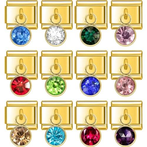 Hapiship Fashion Gold 12 Month Birthday Colour Shiny CZ Links Charm Fit 9mm Stainless Steel Bracelet Jewelry DIY Making DJ402