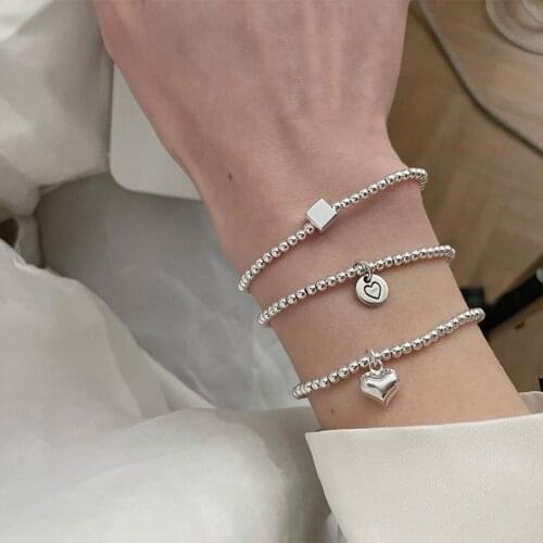 925 Sterling Silver Round Bead Heart Square Charm Bracelet &Bangle For Women Girls Party Wedding Fashion Jewelry SL327
